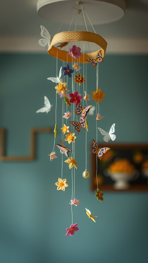 A beautifully crafted wildflower mobile with colorful flowers and butterflies hanging from a circular frame.