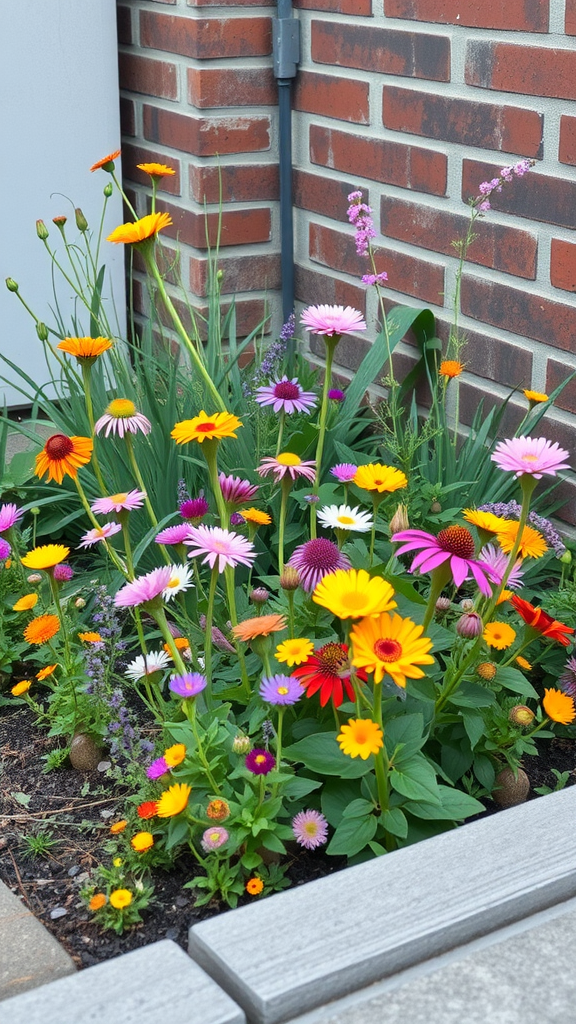 A vibrant assortment of wildflowers blooming in an urban garden setting.