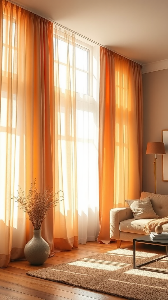 Cozy living room with soft, warm colored curtains and natural light.