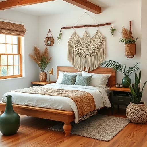 A cozy bedroom featuring a wooden bed frame, green decor, and plants.