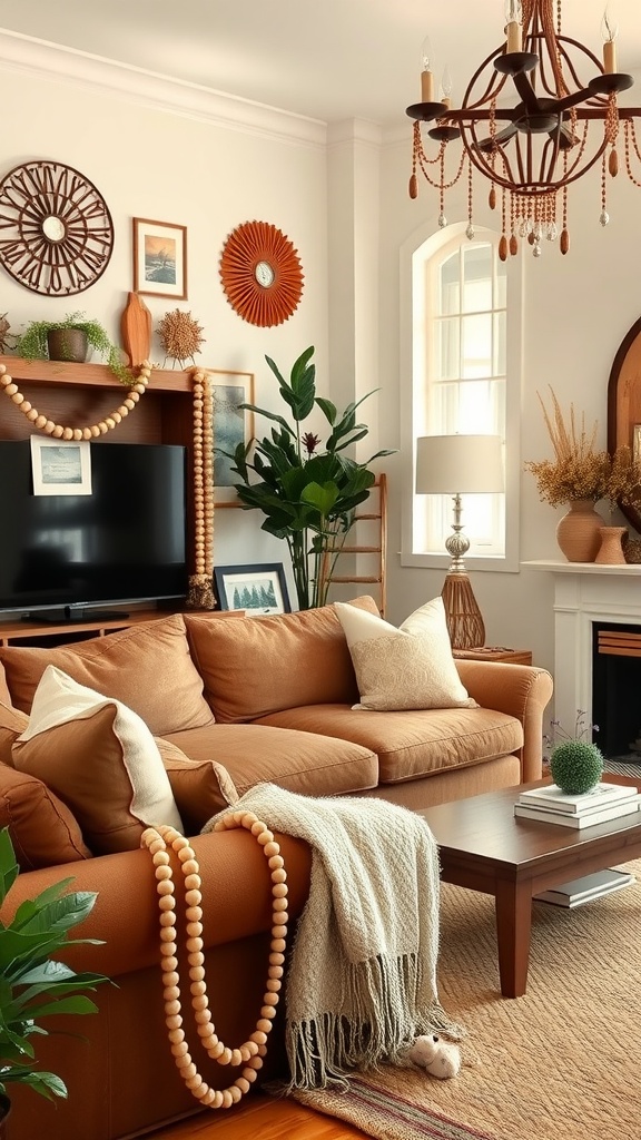 A rustic boho living room featuring a cozy sofa, wooden bead garlands, and various decorative elements.