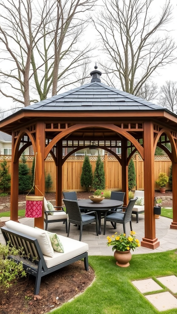 A wooden gazebo with seating and a table, surrounded by greenery.