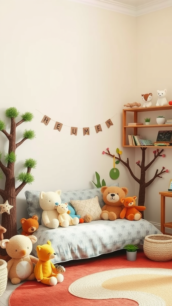 A cozy playroom corner with stuffed woodland animals and playful decor.