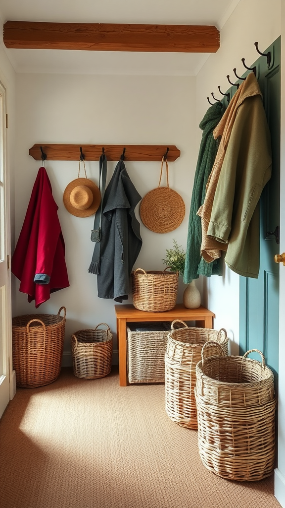 A cozy entryway featuring woven baskets for storage, with coats and hats hanging on hooks.