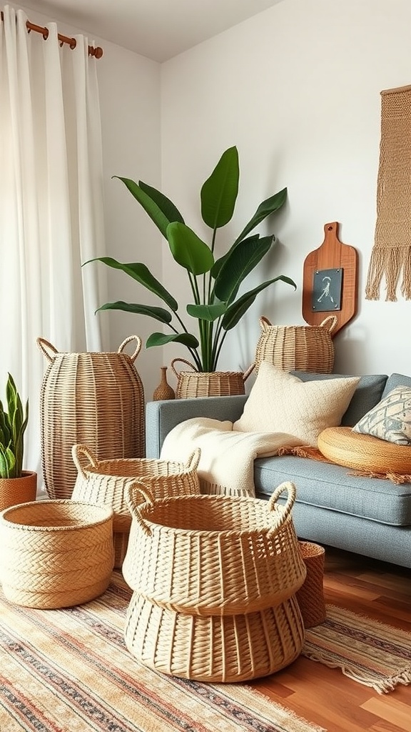 A cozy living room featuring various woven baskets on the floor and a sofa, creating a boho chic look.