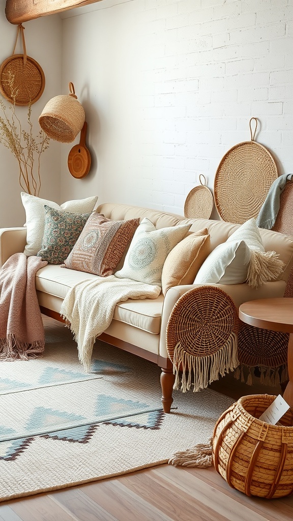 A cozy living room featuring woven baskets and boho decor elements.