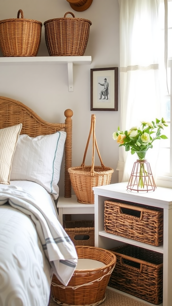 A cozy bedroom corner featuring various woven baskets on a shelf and beside a bedside table.