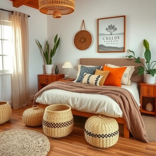 A cozy bedroom featuring woven baskets as storage and decor elements.