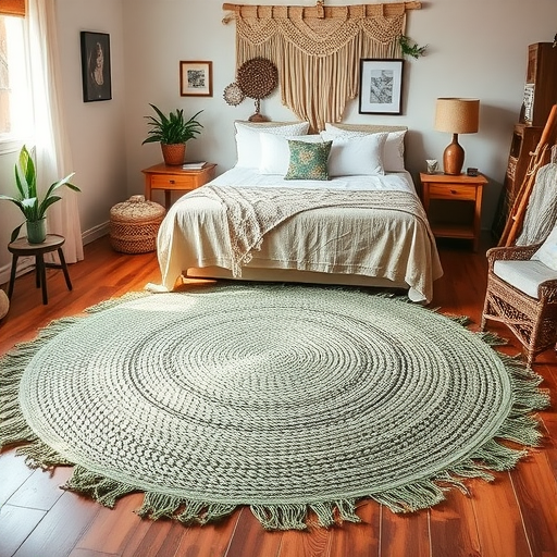 A woven green rug in a cozy bedroom setting.