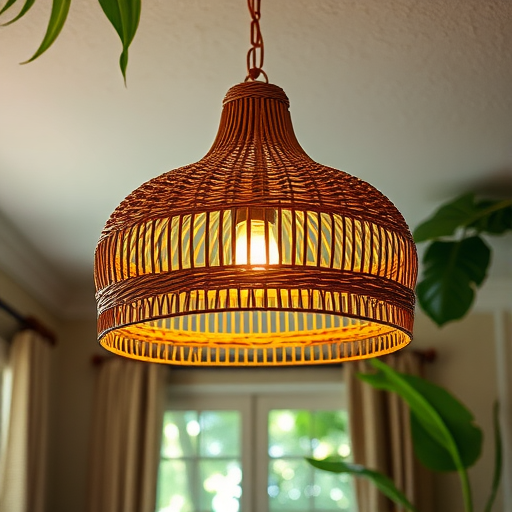 A woven rattan light fixture hanging from the ceiling, illuminating a room with a warm glow.