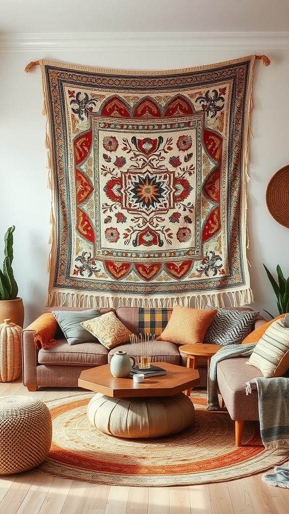 Cozy living room featuring a large woven tapestry on the wall, surrounded by comfy furniture and warm colors.