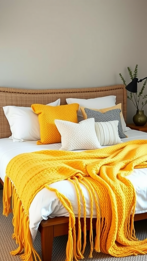 A cozy bed showcasing a bright yellow throw blanket and decorative pillows.