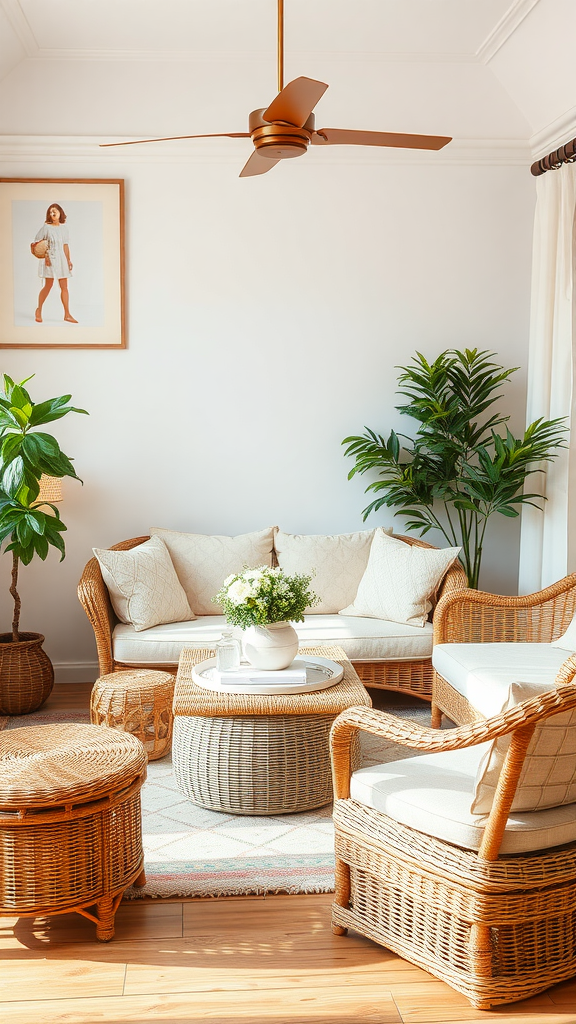 Cozy living room with woven wicker furniture and plants