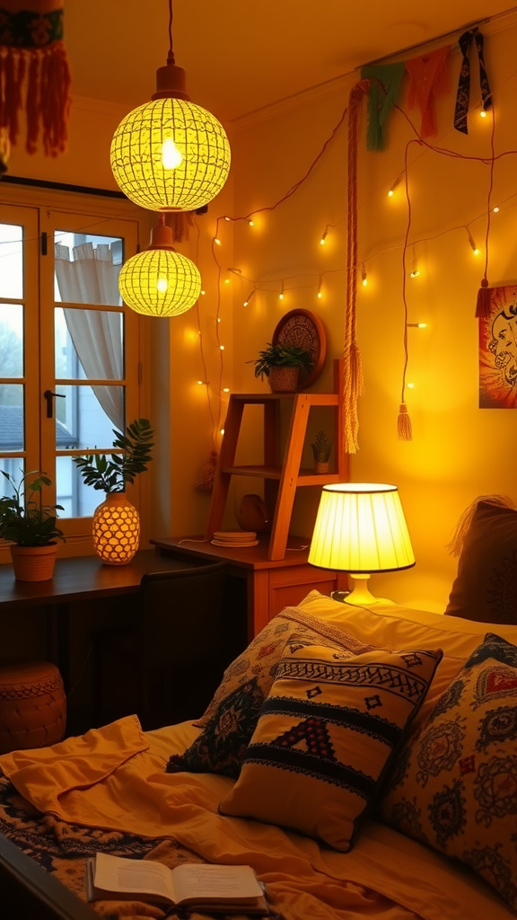 A cozy room with yellow accent lighting, featuring decorative lamps and warm tones.