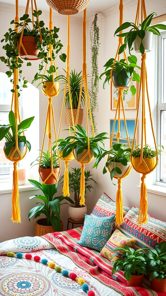 A cozy room with yellow macramé plant hangers displaying various plants, colorful pillows, and a decorative blanket.