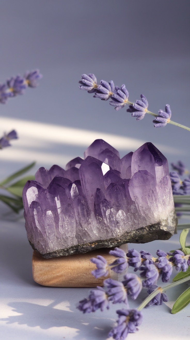 A piece of amethyst crystal surrounded by lavender flowers.