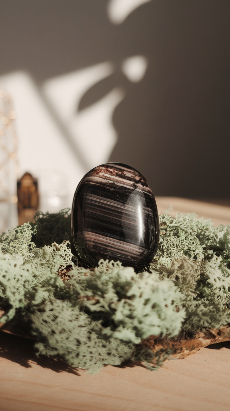 A polished black tourmaline stone resting on green moss.