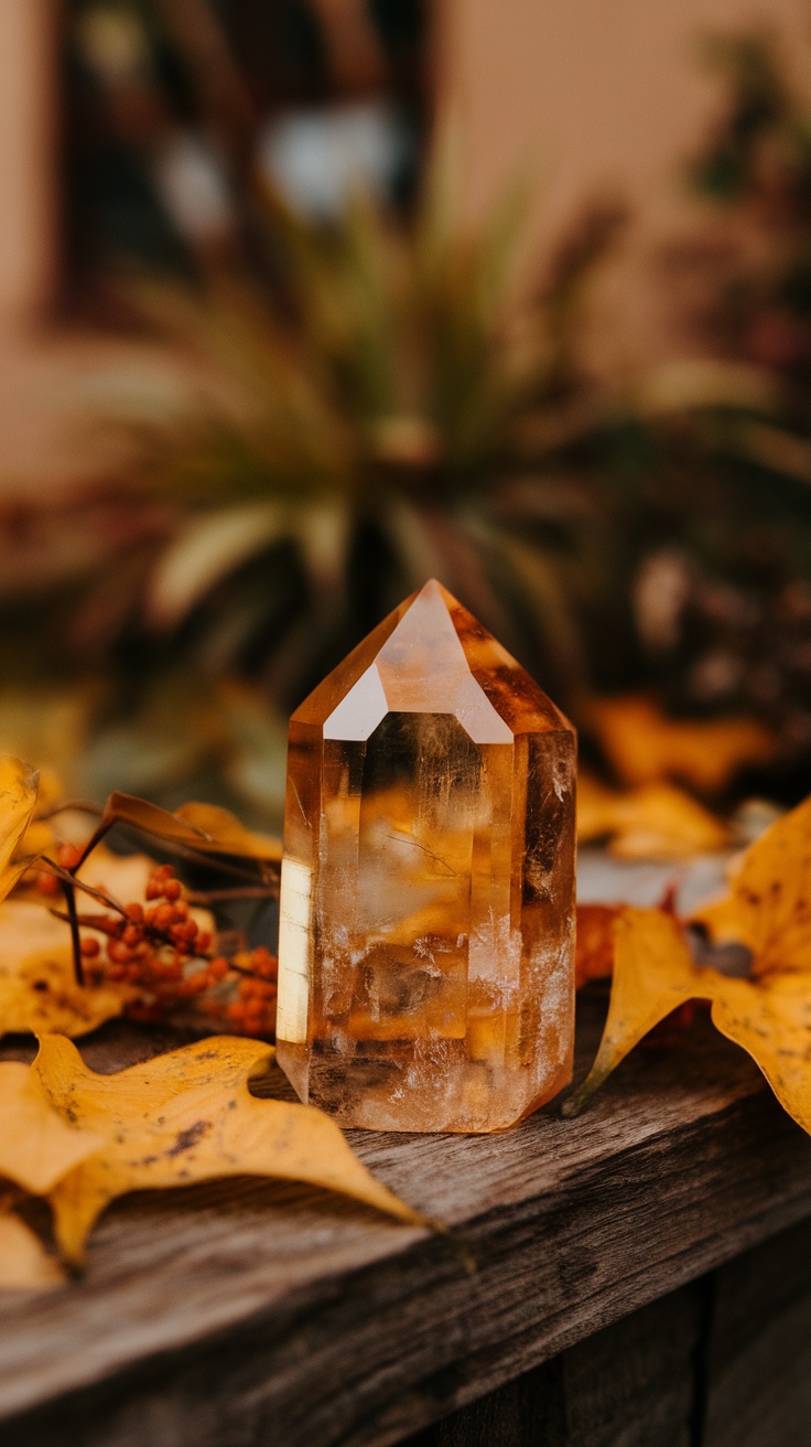 A beautiful citrine crystal placed on a rustic wooden surface surrounded by autumn leaves.