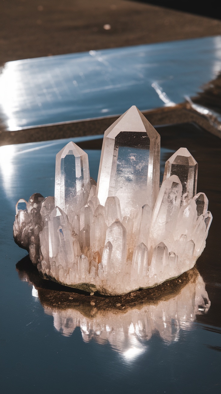 Clear Quartz crystal cluster on a reflective surface.