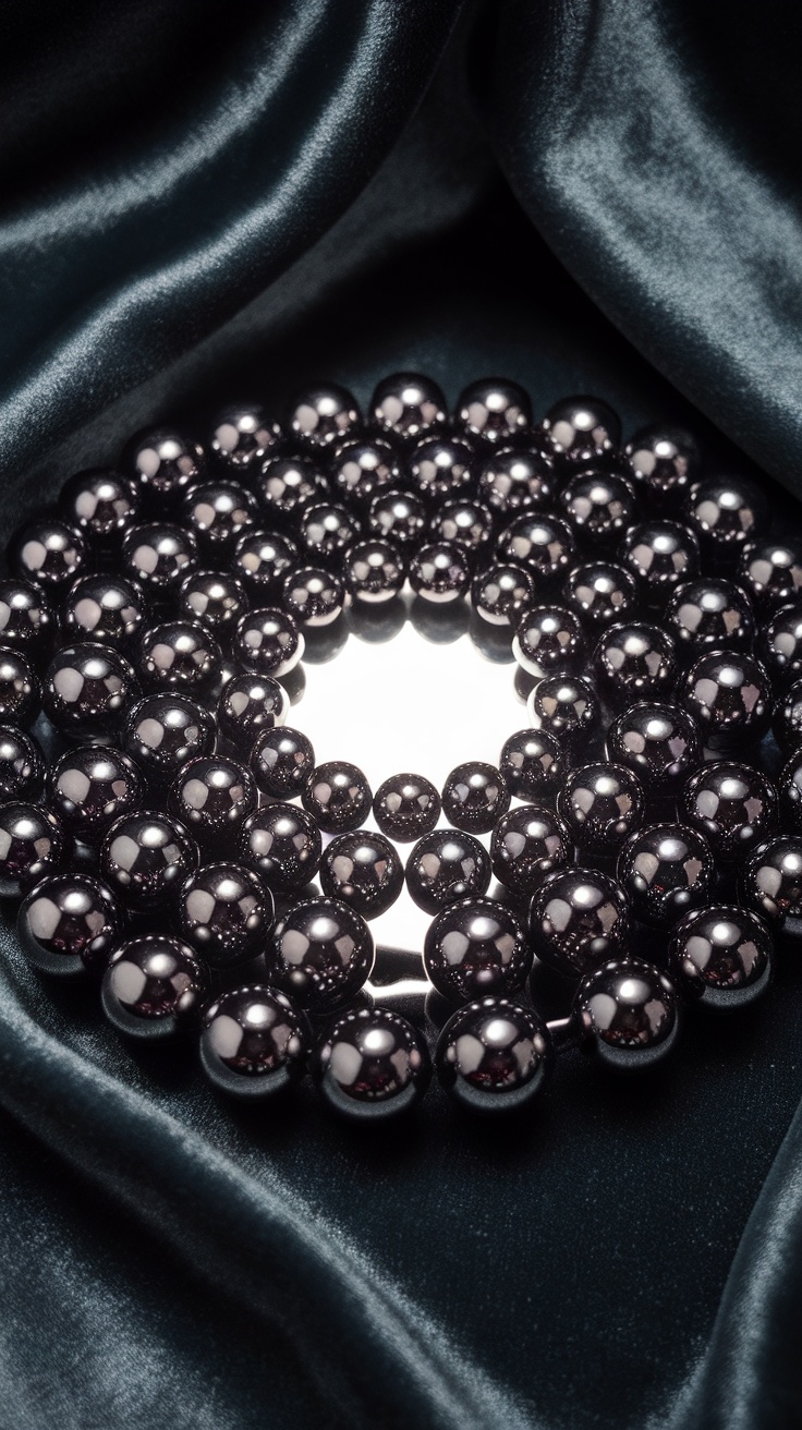 A circular arrangement of shiny hematite spheres on a dark, silky surface.