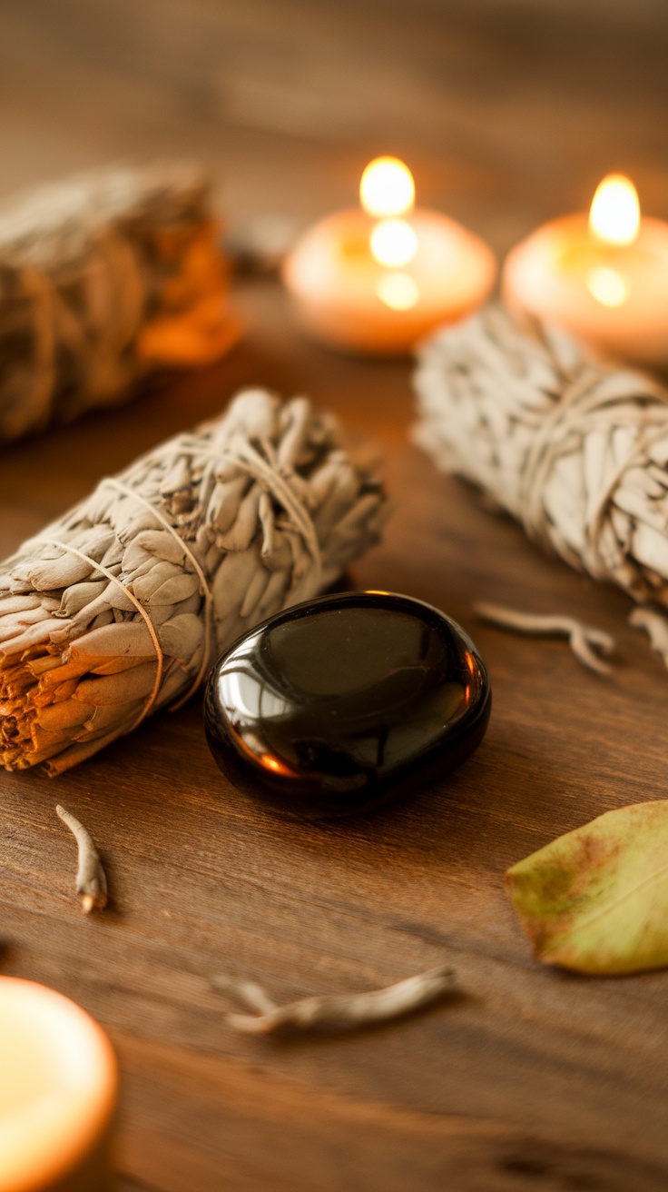 A piece of obsidian alongside sage bundles and candles on a wooden surface.