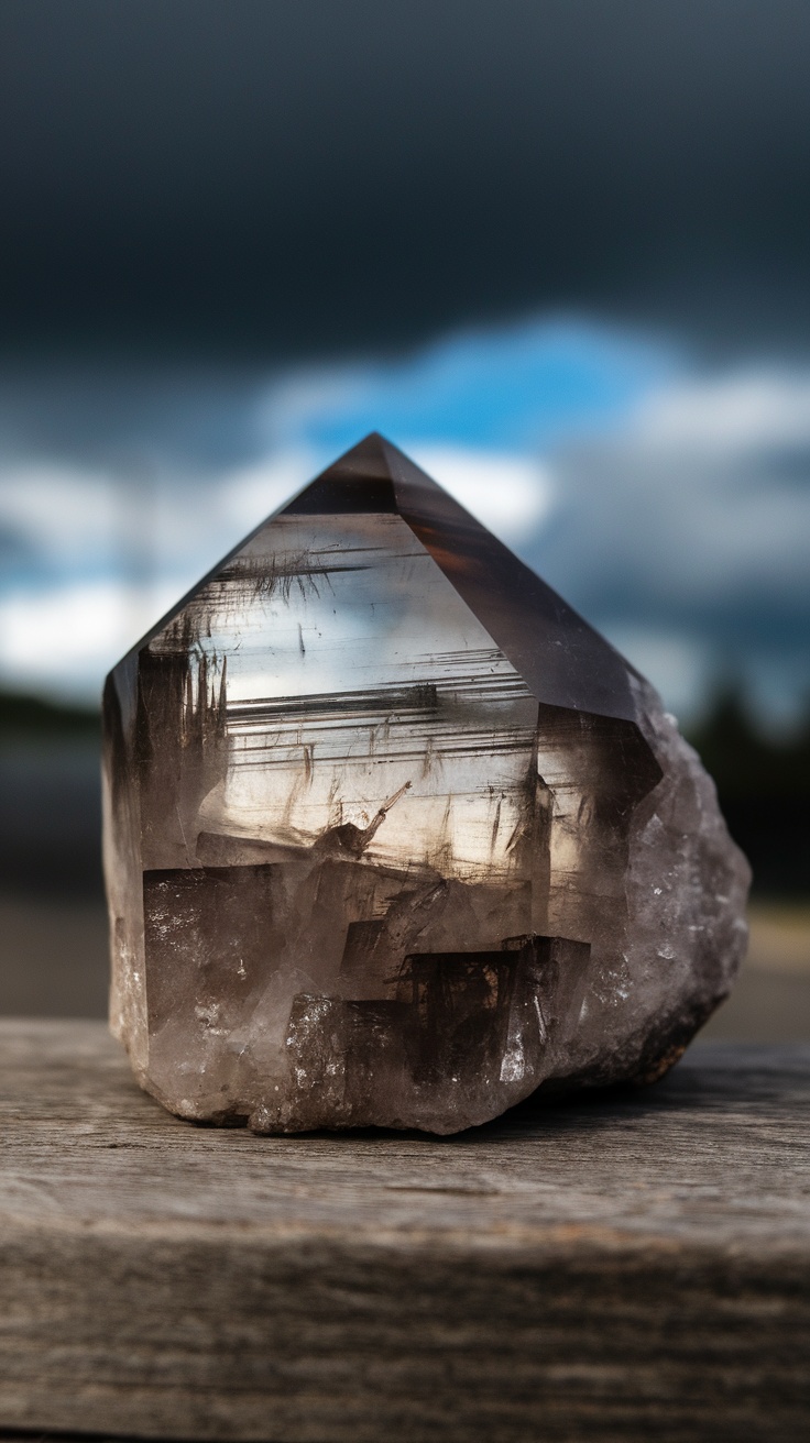 A beautiful smoky quartz crystal reflecting light and details.