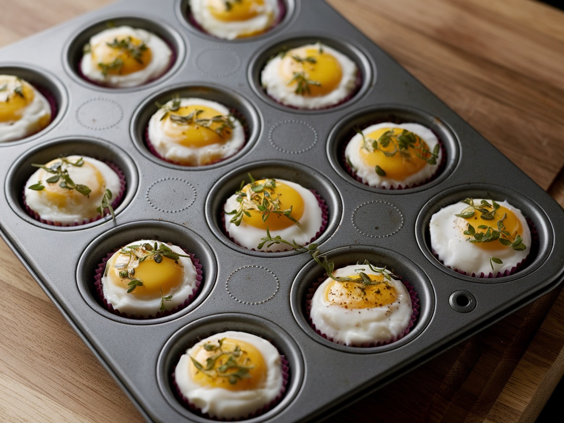 A muffin tin filled with baked cottage cheese eggs, topped with fresh herbs.