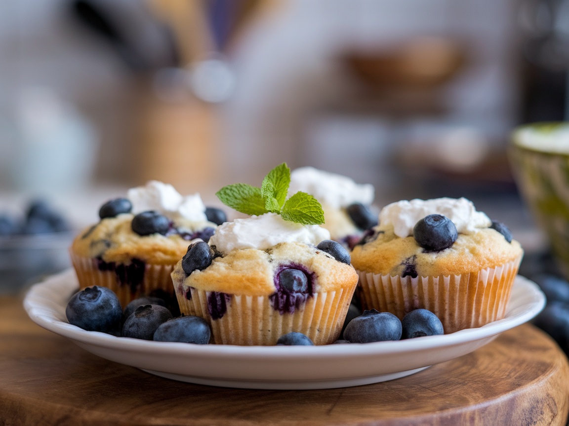 A plate of blueberry cottage cheese muffins topped with whipped cream and a sprig of mint.