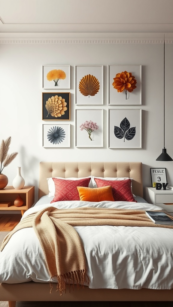 A cozy bedroom with a gallery wall featuring 3D art panels of flowers and leaves.