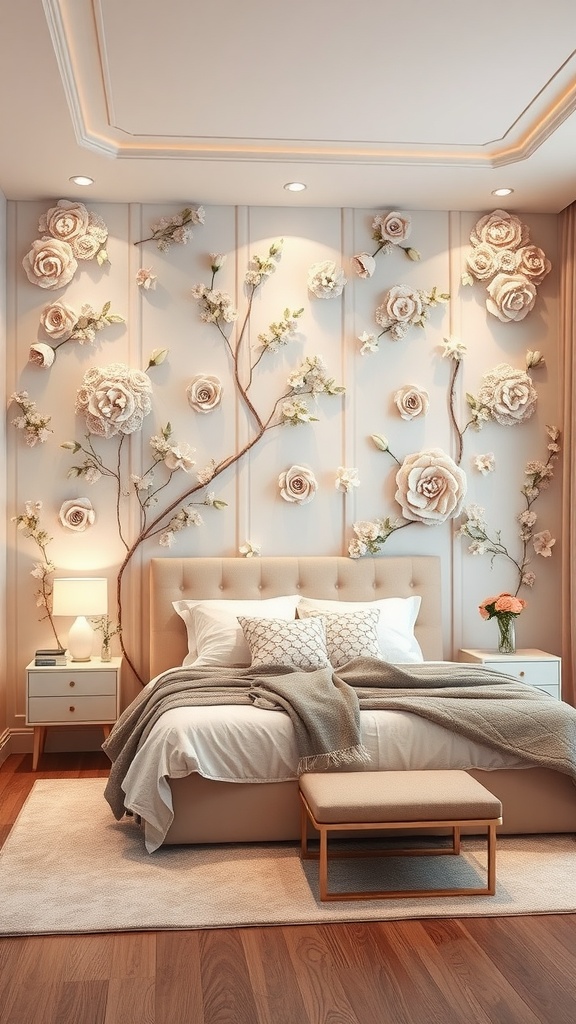 A bedroom with 3D flower panels on the wall, featuring soft colors and a cozy atmosphere.