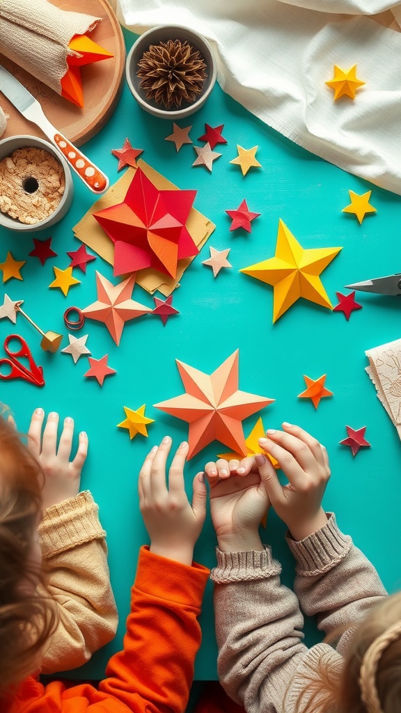 Children making colorful 3D paper stars with scissors and glue