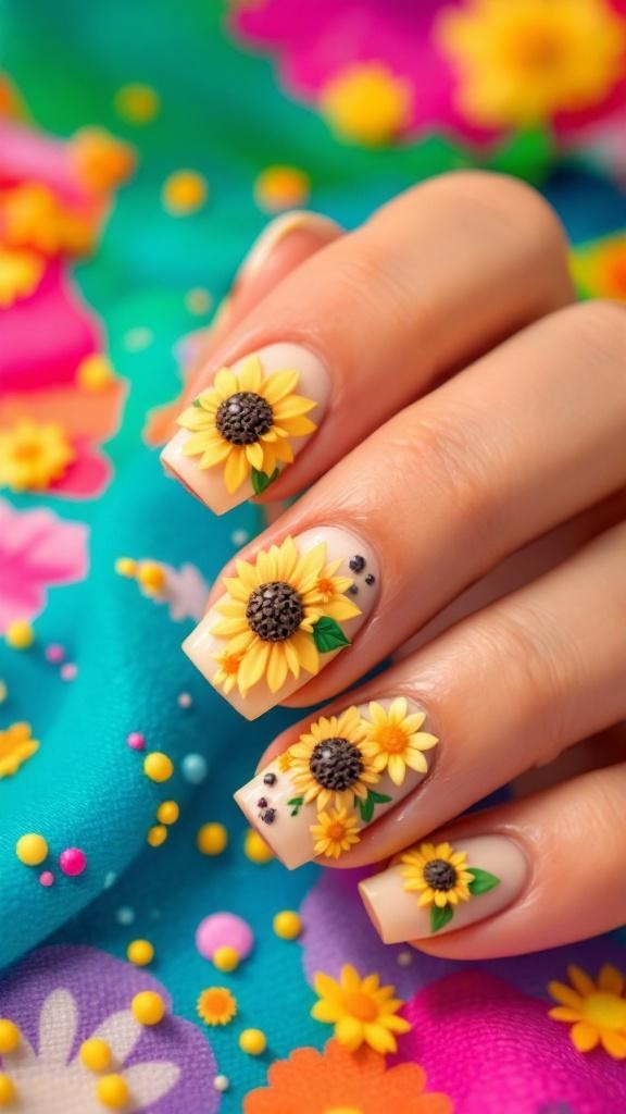 Close-up of hands with 3D sunflower nail embellishments and green tips