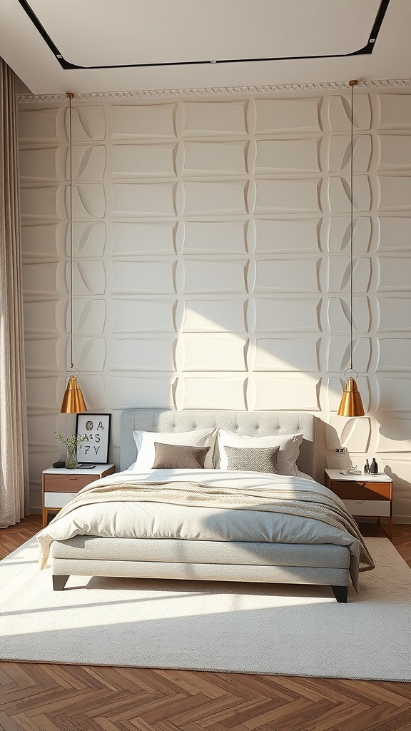 A modern bedroom featuring textured 3D wall panels, a cozy bed, and stylish lighting.
