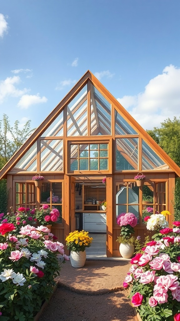 A beautiful A-frame greenhouse surrounded by colorful flowers.