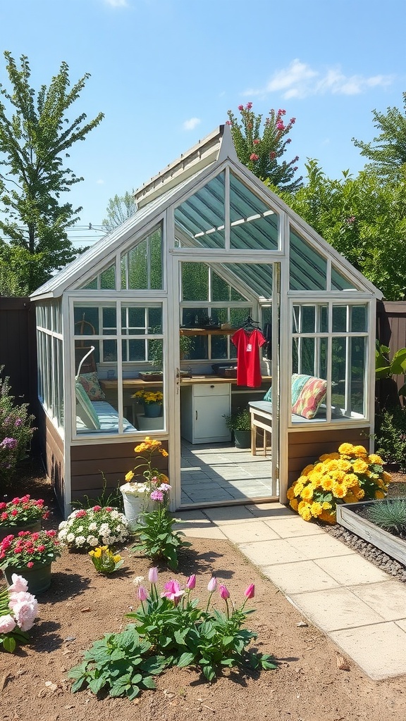 A-frame greenhouse surrounded by colorful flowers in a backyard.