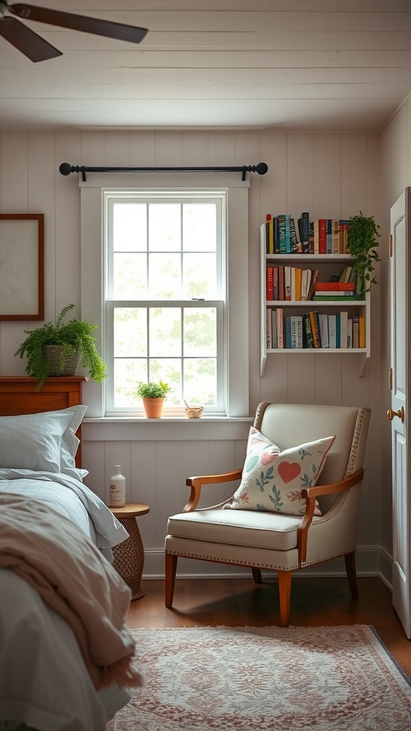 Cozy farmhouse bedroom reading nook with an armchair, bookshelf, and plants.