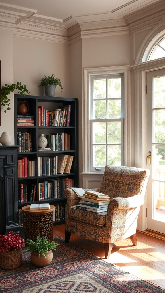 A cozy reading nook featuring an armchair, bookshelves filled with books, and natural light from large windows.
