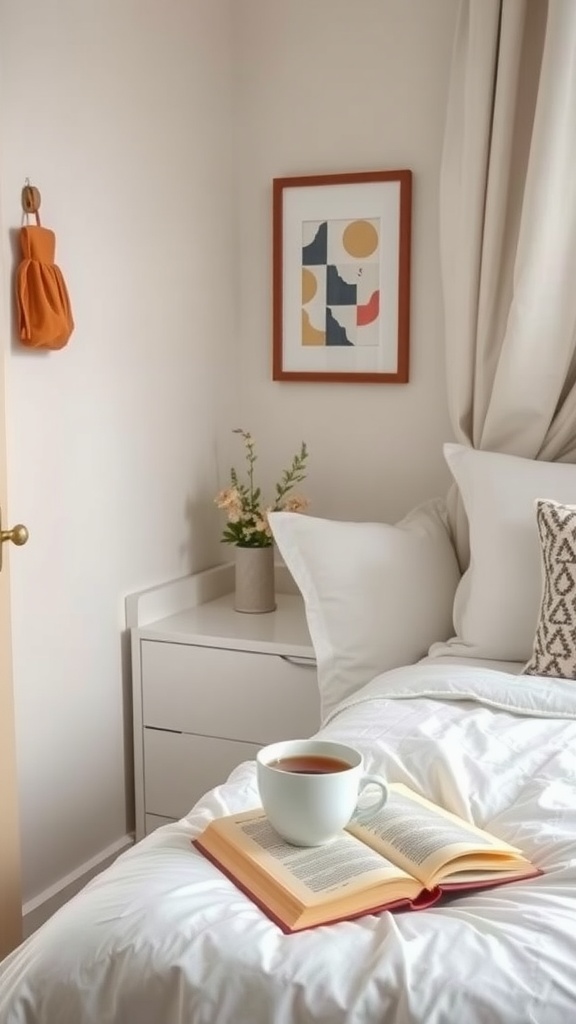 A cozy bedroom with a small side table holding a cup of tea and an open book