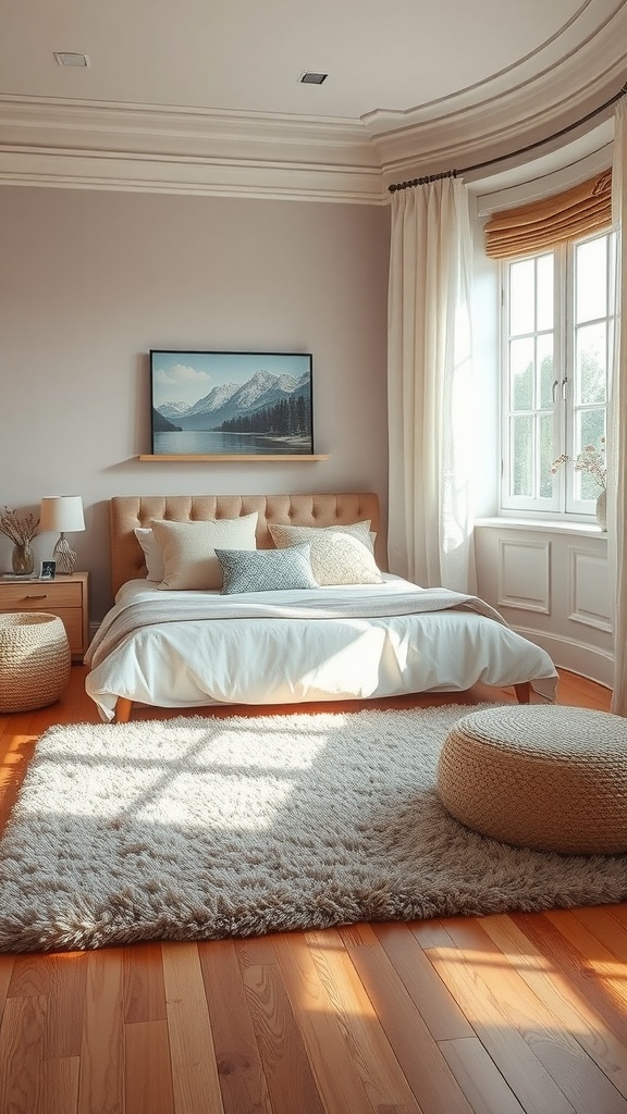 Cozy bedroom featuring a soft rug, a plush bed, and a reading nook by the window