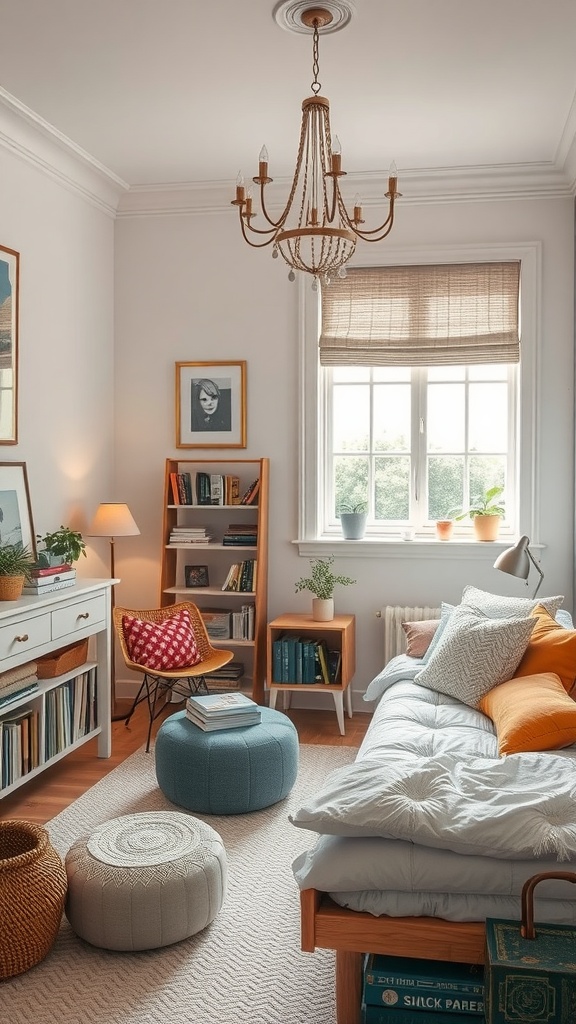 Cozy bedroom with colorful poufs, a stylish bookshelf, and a bright patterned chair in a reading nook.