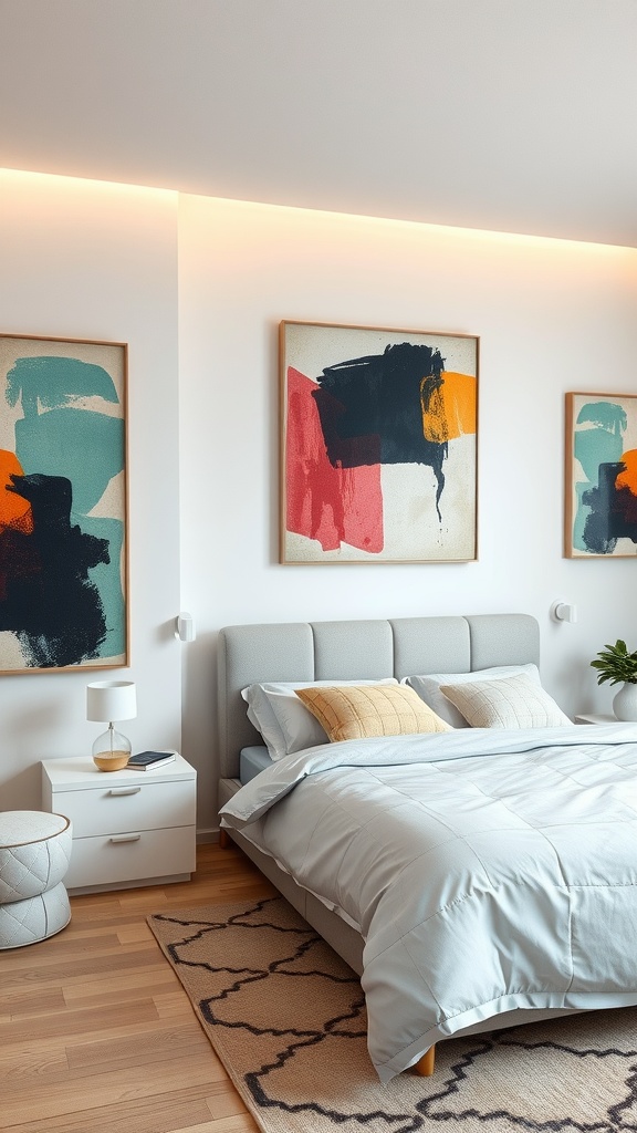 A modern bedroom featuring two abstract art paintings on the wall, a gray bed with pillows, and a cozy rug.