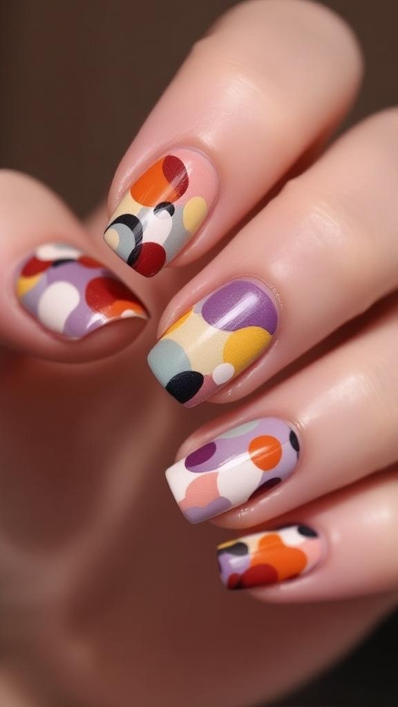 Short nails with abstract art designs in soft colors, adorned with rings.