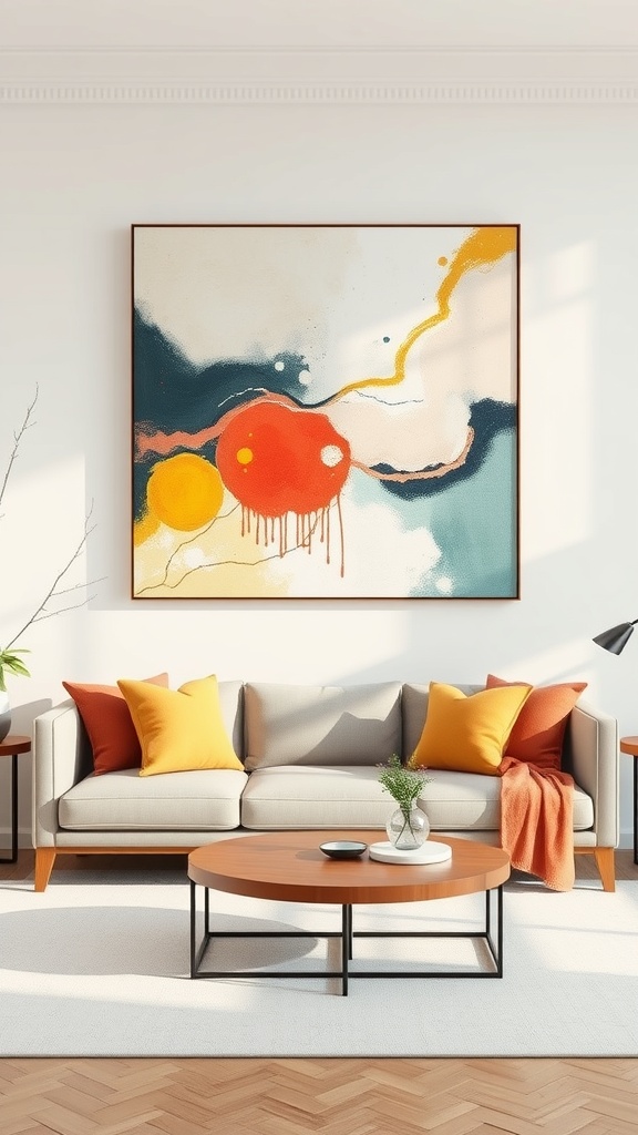 A living room with a large abstract canvas painting featuring red and yellow colors above a light-colored sofa with orange cushions.