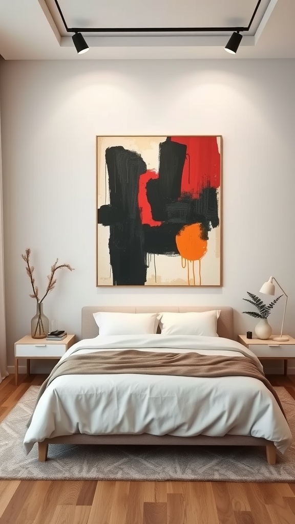 A modern bedroom featuring an abstract expressionist painting with bold colors.