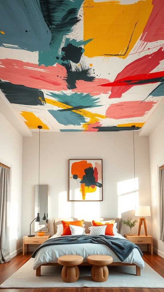A bedroom featuring an abstract expressionist painted ceiling with vibrant colors and modern decor.