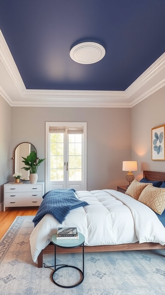 A cozy bedroom featuring a bold blue ceiling and white crown molding.