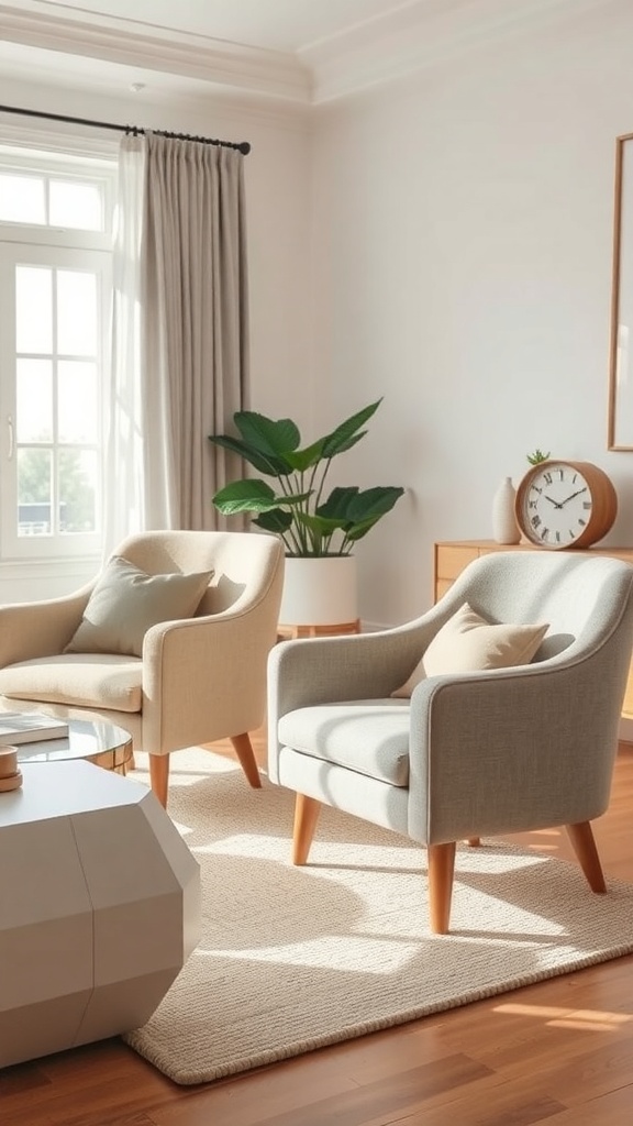 A cozy living room featuring beige and gray accent chairs, a geometric coffee table, and a soft area rug.