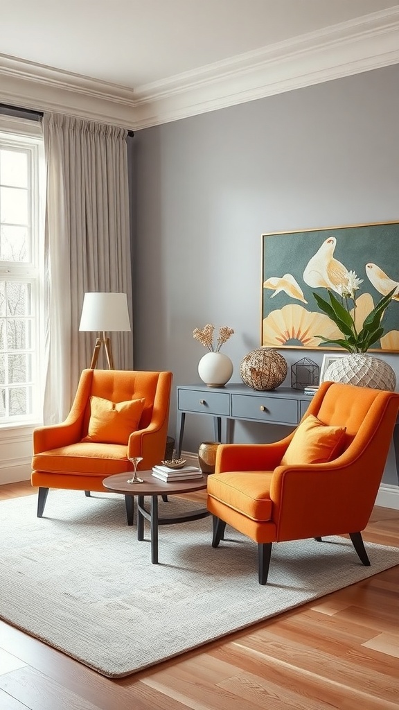 Two bright orange accent chairs in a modern living room setting.