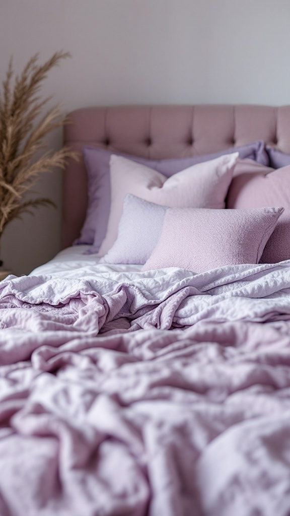 A cozy lavender-themed bedroom with layered bedding and decorative pillows.