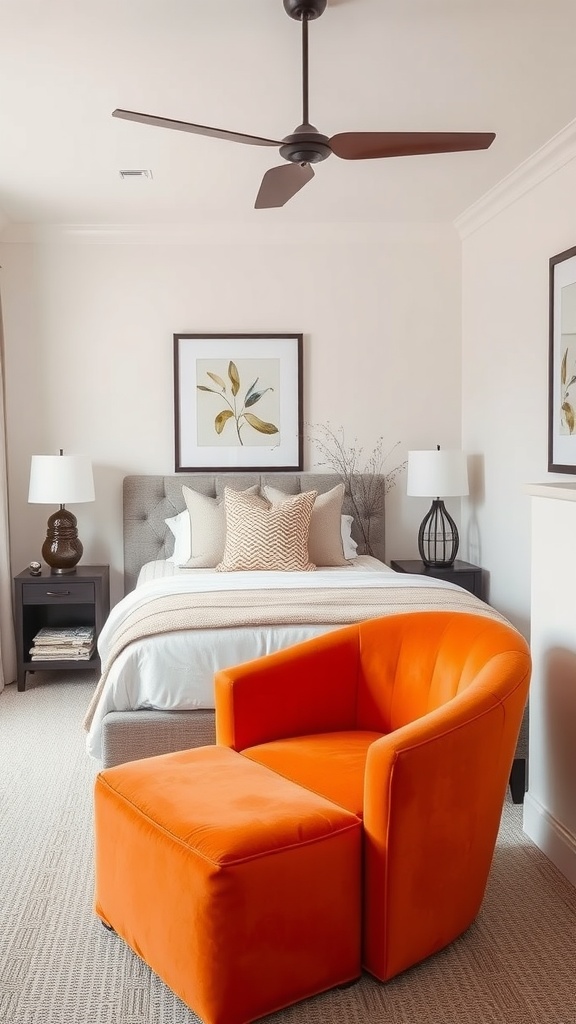 A stylish bedroom featuring burnt orange accent furniture, including a round chair and ottoman.